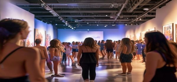 2026年度人体艺术摄影展览现场，观众在柔和灯光下驻足欣赏美女裸照大幅艺术作品，展厅氛围高雅庄重